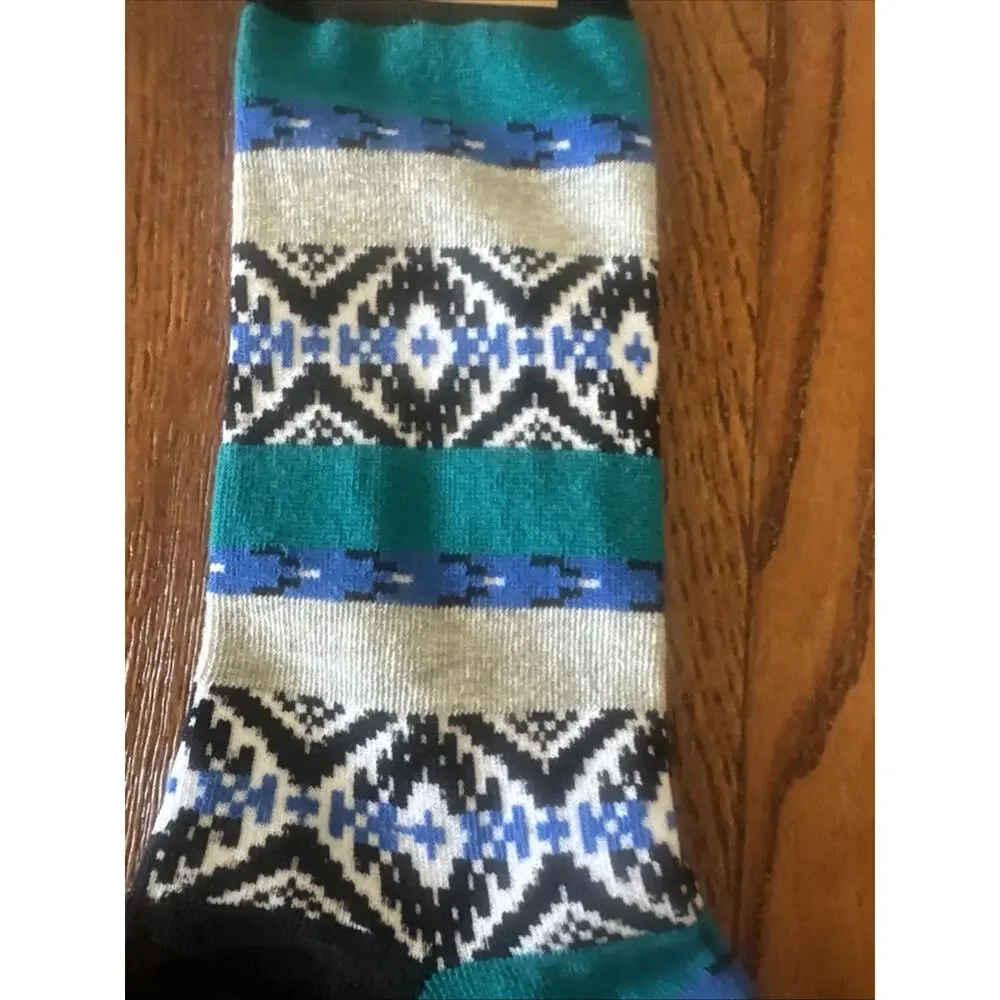 Florsheim Shoe Company Mens Fair Isle Geometric Crew‎ Socks Teal Blue Black 8-13